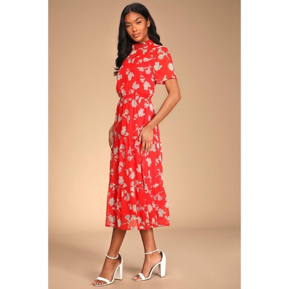 Lulu's Dresses Nwt Lulus Floral Dressed Up Red Midi Dress In Small Poshmark
